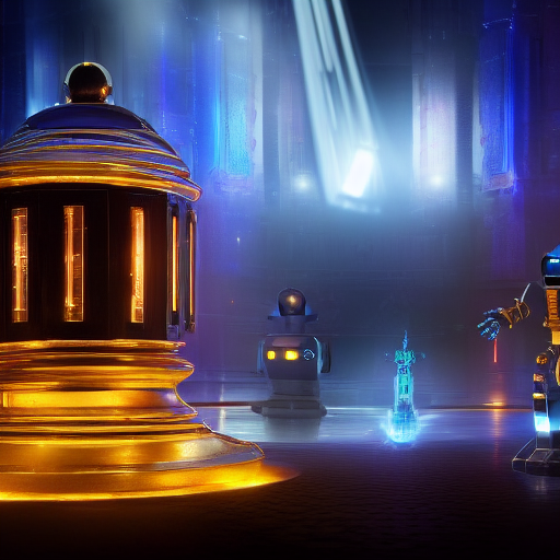 Robbie and Ticktock stand in awe before the towering clockwork guardian, their reflections shimmering in its polished surface, their determination mirrored in their unwavering gaze, while gears whirl and emit ethereal light, illuminating the chamber with an otherworldly glow.